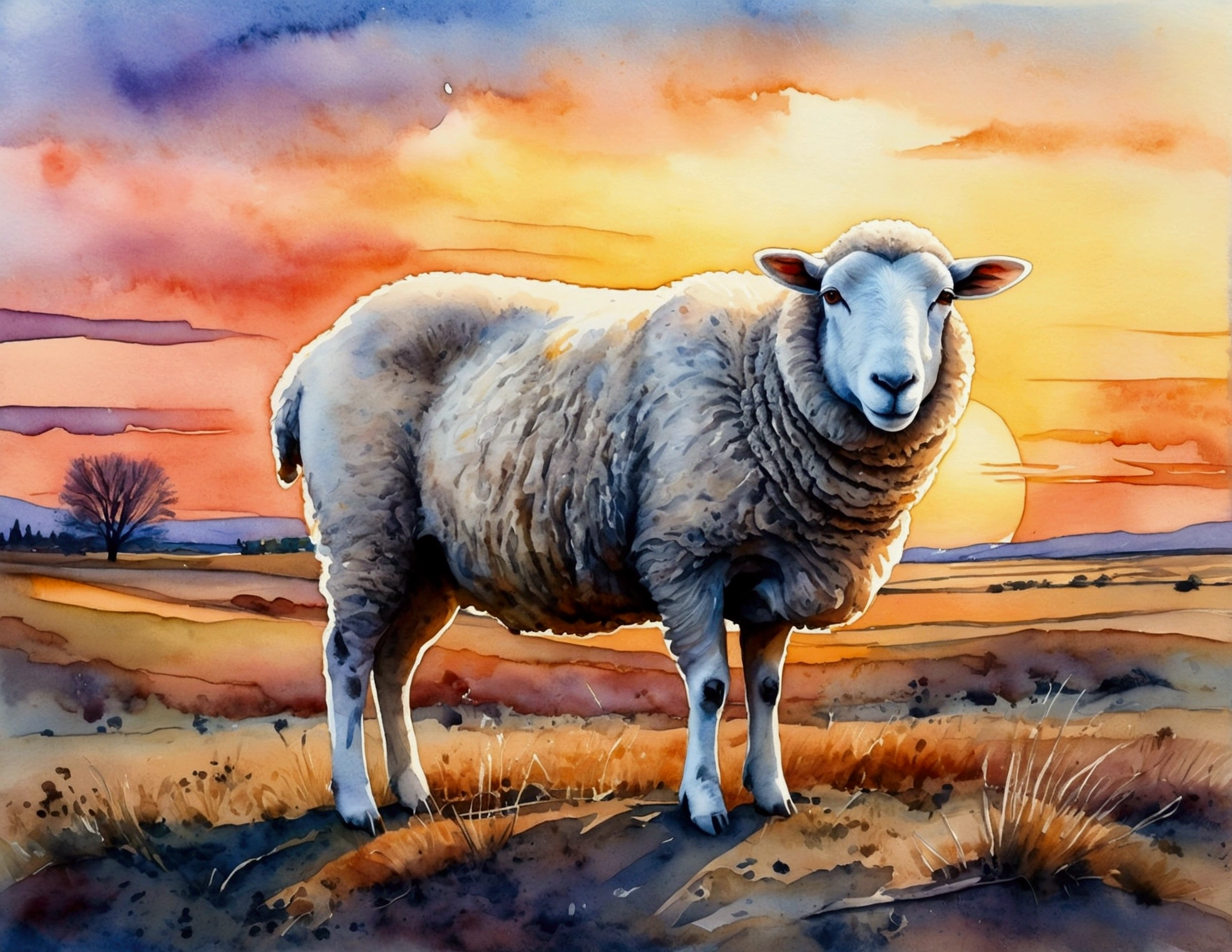 (best quality,watercolor effect:1.2),A Sheep,watercolor painting of a Sheep standing on a withered meadow ,The afterglow of the setting sun shines on the sheep,Pastel colors