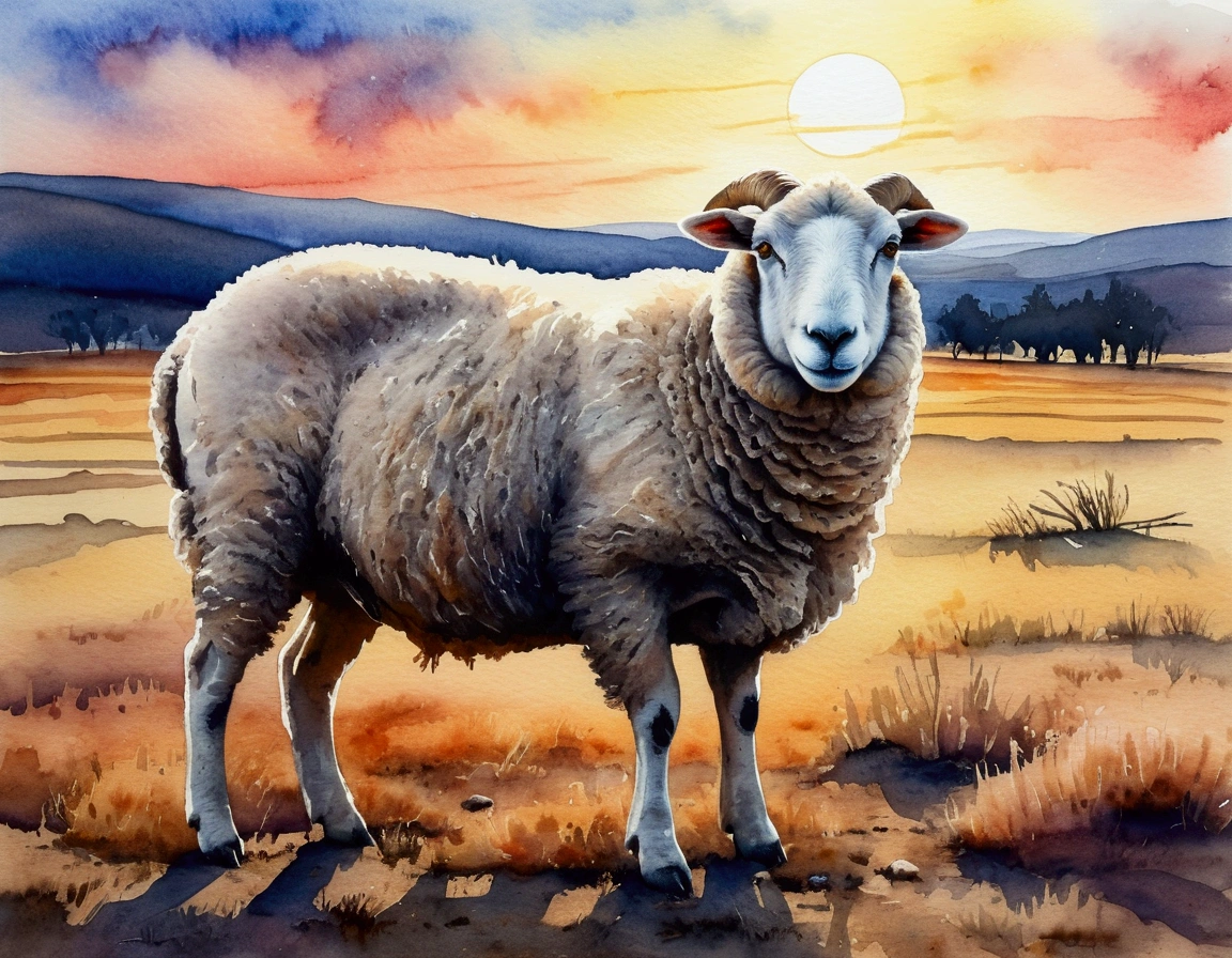 (best quality,watercolor effect:1.2),A Sheep,watercolor painting of a Sheep standing on a withered meadow ,The afterglow of the setting sun shines on the sheep,Pastel colors