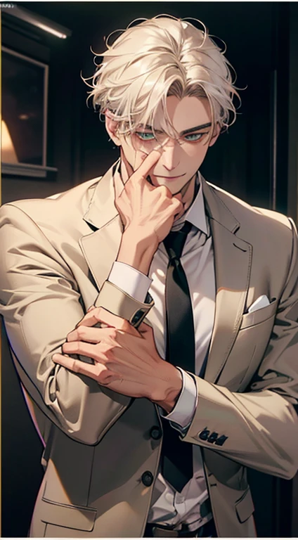(Highest quality,4K,8K,High resolution,masterpiece:1.2),Super detailed,(Realistic,photoRealistic,photo-Realistic:1.37),1 person,34 years old,Mature Men,Beautiful skin、very handsome,Expressionless smile in love,Short white hair,green eyes,Sharp Eyes,A perfect face without a doubt,Businessman, CEO, Office Background,Cinema Lighting,HDR image,tie、