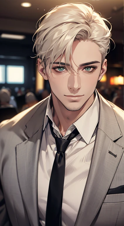 (Highest quality,4K,8K,High resolution,masterpiece:1.2),Super detailed,(Realistic,photoRealistic,photo-Realistic:1.37),1 person,34 years old,Mature Men,Beautiful skin、very handsome,Expressionless smile in love,Short white hair,green eyes,Sharp Eyes,A perfect face without a doubt,Businessman, CEO, Office Background,Cinema Lighting,HDR image,tie、