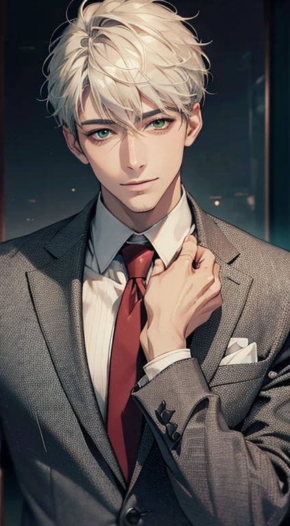 (Highest quality,4K,8K,High resolution,masterpiece:1.2),Super detailed,(Realistic,photoRealistic,photo-Realistic:1.37),1 person,34 years old,Mature Men,Beautiful skin、very handsome,Expressionless smile in love,Short white hair,green eyes,Sharp Eyes,A perfect face without a doubt,Businessman, CEO, Office Background,Cinema Lighting,HDR image,tie、