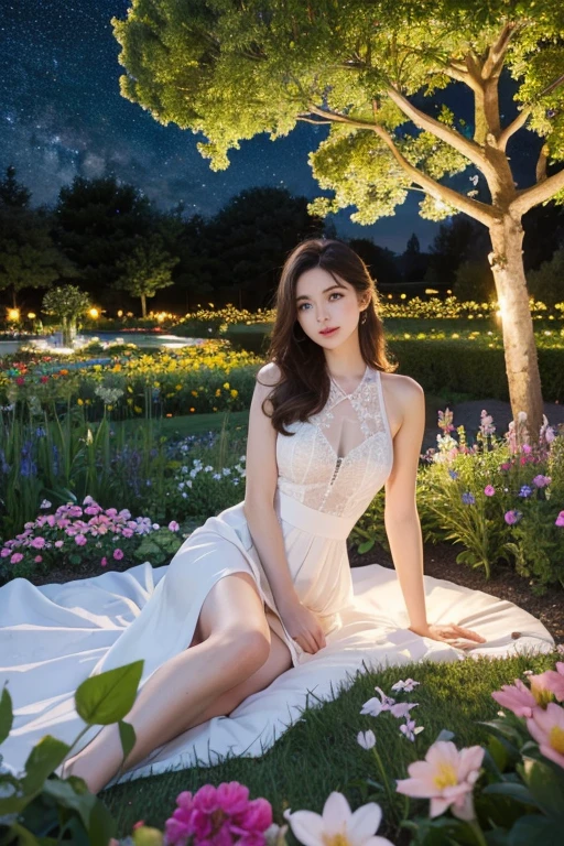 top quality, high_resolution, distinct_image, detailed background, girl, flower, garden, starry sky,