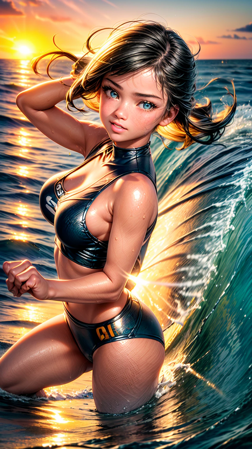 (ZoomedOut:1.28, Wide-shot) ZoomLayer (Epic photo of surfer magazine:1.37). (Full of Water, Everything Wetted:1.4) WetHair (extremely detailed Cute Girl)(SparklingHighlights:1.28), Dynamic Joyful Expressions LifeLike Rendering (ManoErina:1.0) . Overflowing Gigantic Sideboob (Clearly Visible Beautiful to Buttoc Tiny and Roundly Butt, Detailed clothing texture, (Sloppy Surfboard:-1.2) Riding on waves, Sparkling water, TyndallEffect(Starry Water Particles:1.32), Whole Body proportions and all limbs are anatomically accurate