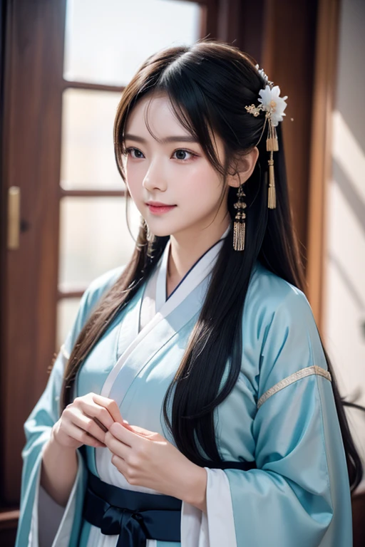 Great quality, masterpiece, High Resolutiupon, One girl, blush, (Captivating smile: 0.8), Star Student, chinese hanfu, hair accessory, necklace, jewelry, beauty, upon_body, Tyndall effect, Realistic, Shadow Room, Light Edge, Two-tupone Lighting, (Skin with attention to detail: 1.2), 8k ウルトラHD, SLR, Soft Light, high quality, Volumetric Lighting, snapshot, High Resolutiupon, 4K, 8k, Background Blur, Real Persupon