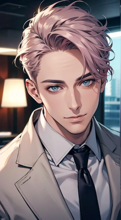 (Highest quality,4K,8K,High resolution,masterpiece:1.2),Super detailed,(Realistic,photoRealistic,photo-Realistic:1.37),1 person,31 years old,Mature Men,Beautiful skin、very handsome,Expressionless,smile,Short gray pink hair,blue eyes,Sharp Eyes,A perfect face without a doubt,Businessman,Office Background,Cinema Lighting,HDR image,tie、
