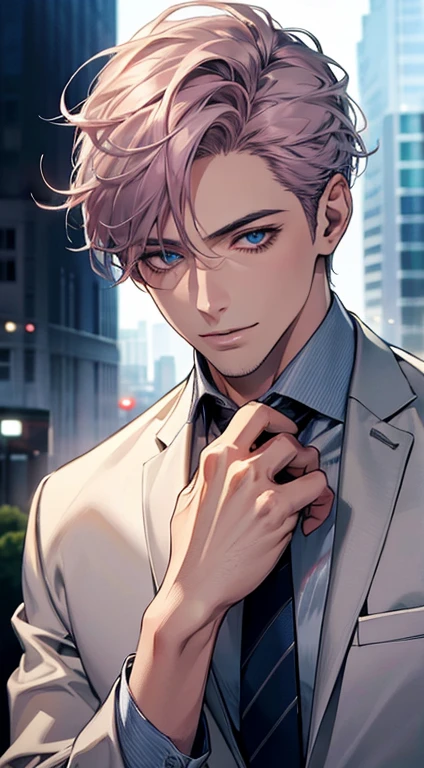 (Highest quality,4K,8K,High resolution,masterpiece:1.2),Super detailed,(Realistic,photoRealistic,photo-Realistic:1.37),1 person,31 years old,Mature Men,Beautiful skin、very handsome,Expressionless,smile,Short gray pink hair,blue eyes,Sharp Eyes,A perfect face without a doubt,Businessman,Office Background,Cinema Lighting,HDR image,tie、