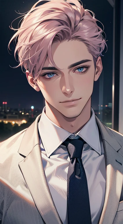 (Highest quality,4K,8K,High resolution,masterpiece:1.2),Super detailed,(Realistic,photoRealistic,photo-Realistic:1.37),1 person,31 years old,Mature Men,Beautiful skin、very handsome,Expressionless,smile,Short gray pink hair,blue eyes,Sharp Eyes,A perfect face without a doubt,Businessman,Office Background,Cinema Lighting,HDR image,tie、