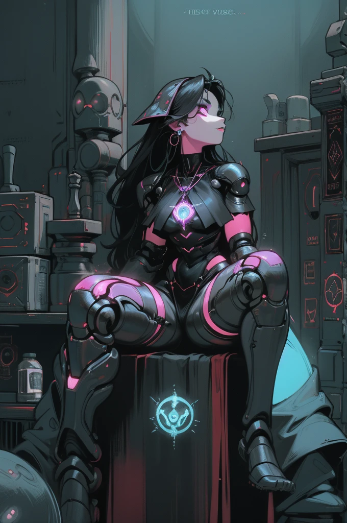 depicts a modern-day witch who has embraced the world of cybernetics to enhance her magical abilities. The artwork should convey the enchanting blend of traditional witchcraft and futuristic technology. Here are some specific elements to include: The Witch's Lair: The setting should be a cozy yet slightly eerie room, filled with magical books, crystal balls, potion ingredients, and antique furnishings. The room should be dimly lit by candles and a soft, mystical glow emanating from her cybernetic enhancements. The Cyborg Witch: The central focus of the artwork is the witch herself. She's a striking figure with a mix of traditional witch attire and cybernetic enhancements. Her clothing should have a witchy, occult aesthetic, with flowing robes, a pointed hat, and an intricate pentagram necklace. Her arms, however, have been upgraded with cybernetic components that incorporate magical symbols and glowing runes. Magical Interface: The witch is in the midst of casting a spell, with a holographic, touch-screen interface floating before her. This interface includes spell incantations, arcane symbols, and digital components, demonstrating her fusion of magic and technology. Spell Ingredients: On a nearby table, there should be a collection of spell ingredients, like herbs, potions, and magical artifacts. Some of these items may have been modified with cybernetic enhancements, blurring the line between the natural and the technological. Familiar: The witch's familiar, perhaps a cat or raven, should be present in the scene, serving as her magical companion. The familiar could also have subtle cybernetic enhancements or glowing eyes. Glowing Runes: The room should be adorned with ancient symbols and glowing runes on the walls and floor, contributing to the magical atmosphere. Aetherial Lighting: Use a combination of mystical, ethereal lighting and cybernetic glows to create a captivating interplay of light and shadow. The contrast between the tradit