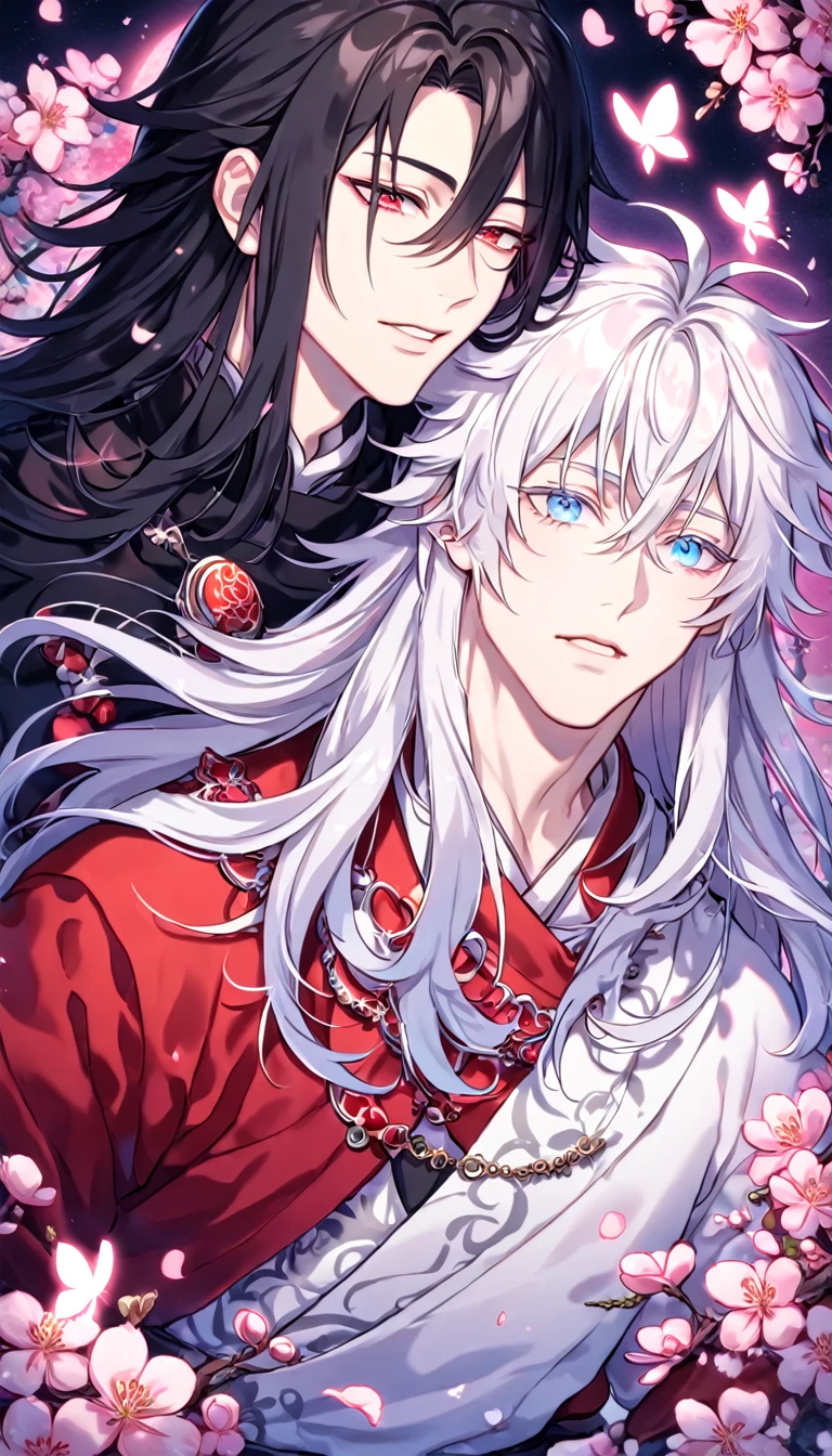absurdres, highres, ultra detailed, HDR, master piece, best quality, extremely detailed face, delicated features, Xue Yu, untamed spiky hair, black hair, long hair, hair between the eyes, expressive red eyes, Thousand Years War, Gojou Satoru, white hair, messy hair, expressive blue eyes, two sexy men together, gay couple, yaoi, handsome, black cape, red robes, white robes, accessories, patterns, fantasy, magical, radiant, pink butterflies, pink flowers, night sky, shinning pink moon, blossoms, Jujutsu Kaisen