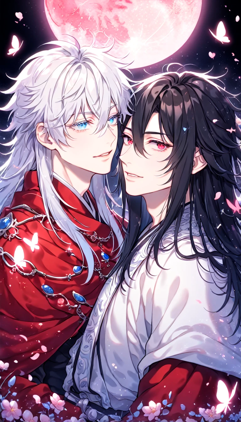absurdres, highres, ultra detailed, HDR, master piece, best quality, extremely detailed face, delicated features, Xue Yu, untamed spiky hair, black hair, long hair, hair between the eyes, expressive red eyes, Thousand Years War, Gojou Satoru, white hair, messy hair, expressive blue eyes, two sexy men together, gay couple, yaoi, handsome, black cape, red robes, white robes, accessories, patterns, fantasy, magical, radiant, pink butterflies, pink flowers, night sky, shinning pink moon, blossoms, Jujutsu Kaisen