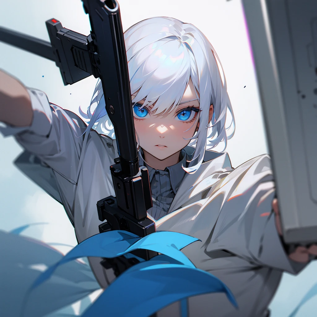 White hair, blue eyes holding guns