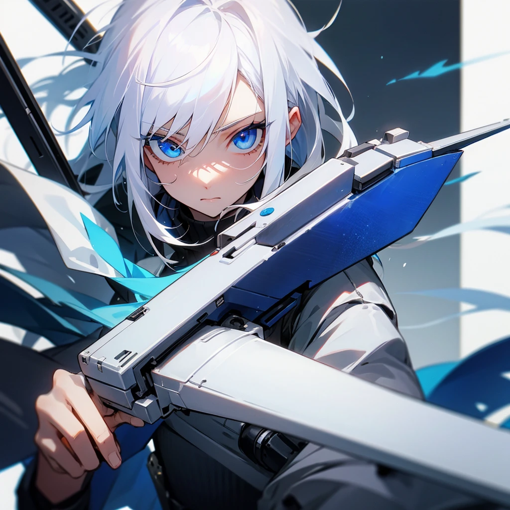 White hair, blue eyes holding guns