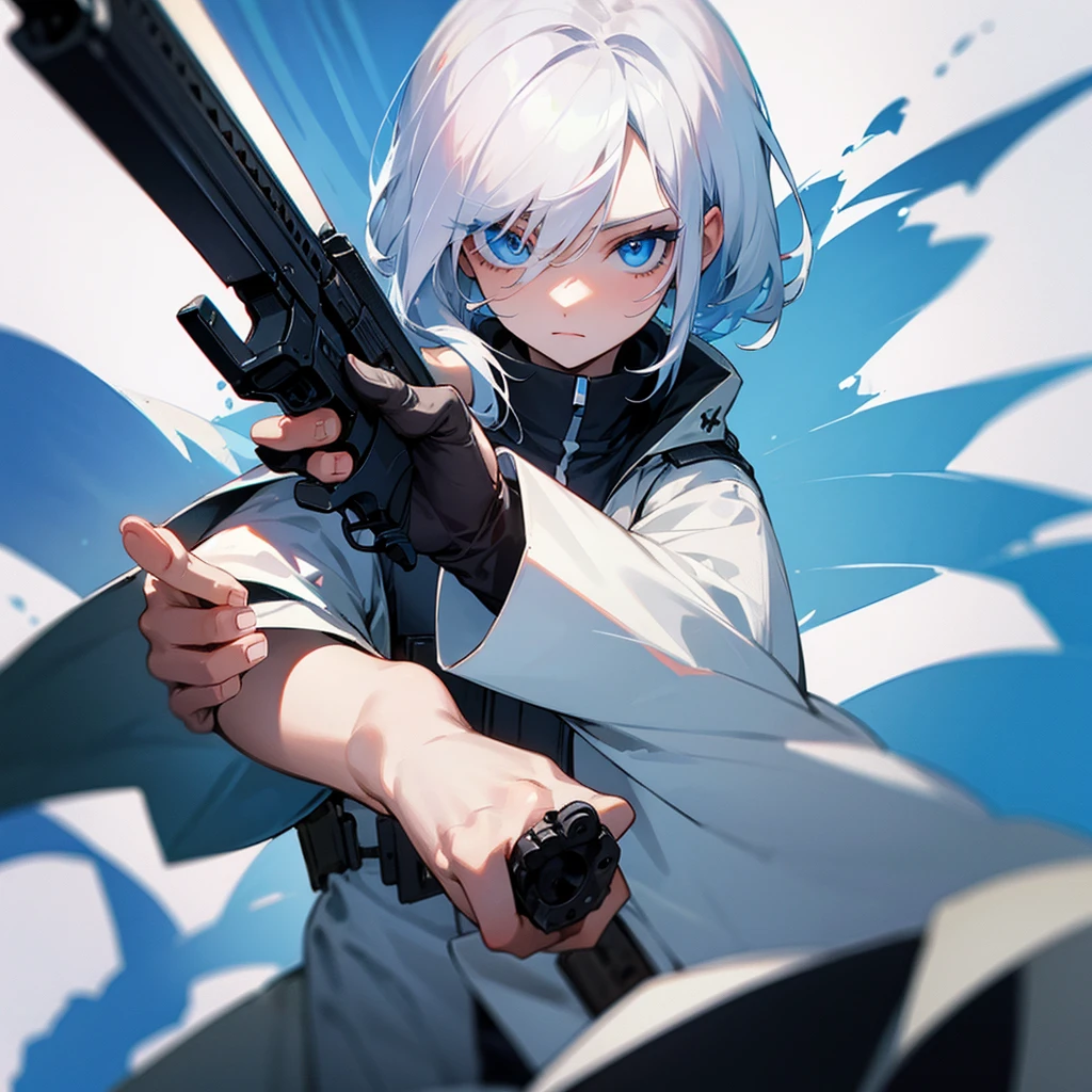 White hair, blue eyes holding guns