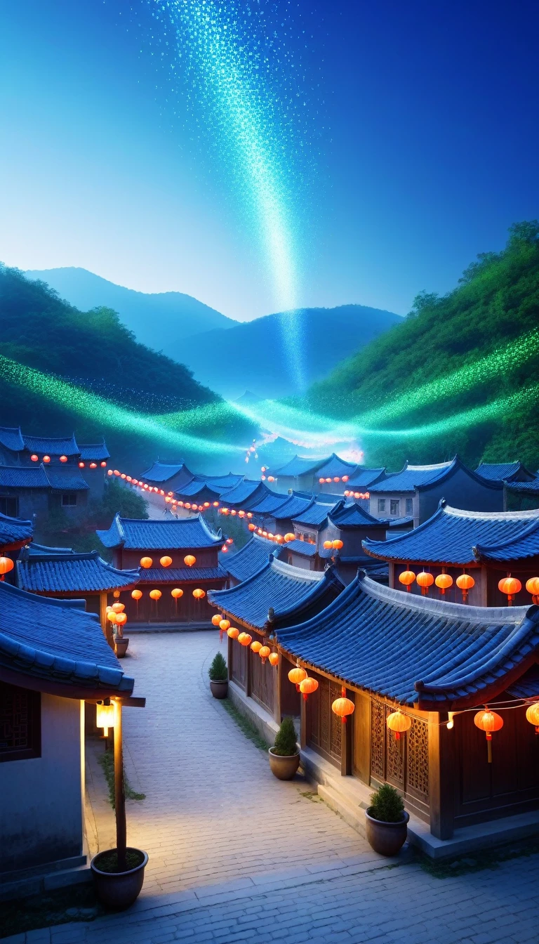 outdoors, Chinese village, blue sky, particle lights, beautiful scene, 