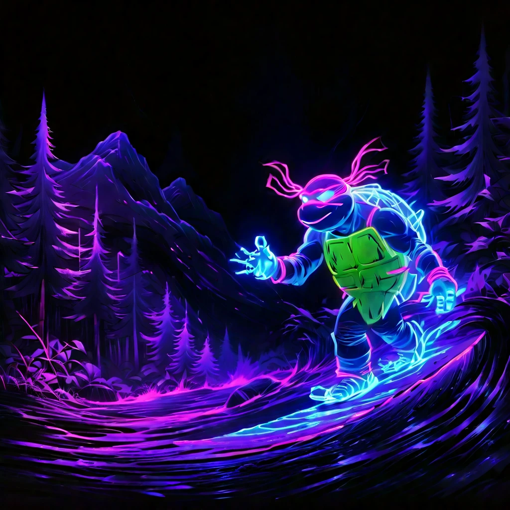 unnatural forest, unsettling, spooky, darkness, no light source, abyss, void, overwhelming, survival, apocalyptic, serene, forest, tmnt surfing, dim neon glow, abstract, apparition, haunted, spirits,
