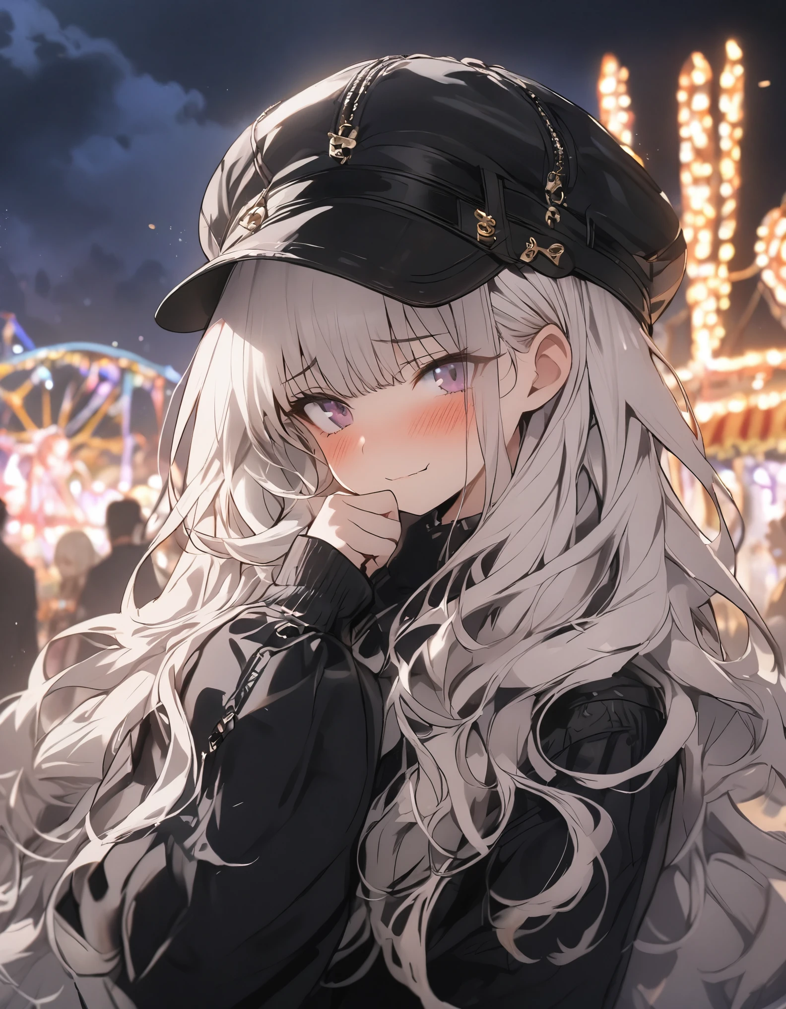 masterpiece、1girl, White Hair, long hair, The gesture of sniffing hair, fashionable clothes, black cap, (((slightly grouchy and shy face))), Focus on the face, Night, amusement park background