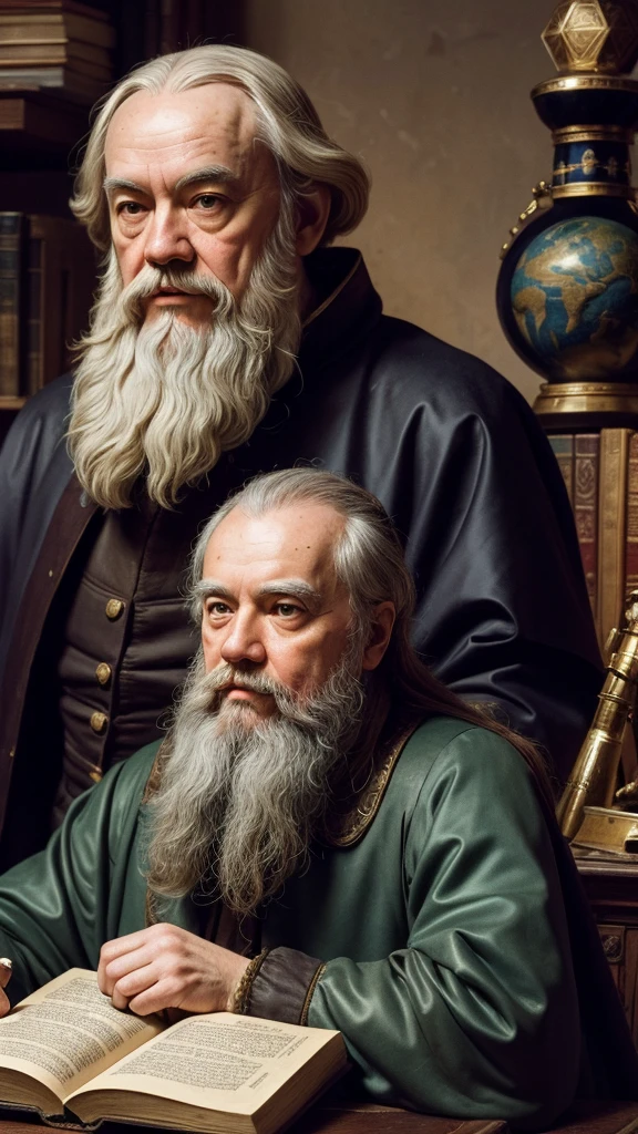 prompt: Hyperrealistic image of Galileo Galilei in a Renaissance setting, surrounded by scientific instruments and old books, with a detailed and expressive face, vibrant colors and cinematic background --ar 9:16 Script line: Hello, soy Galileo Galilei! Today I will share three fascinating facts about the cosmos.