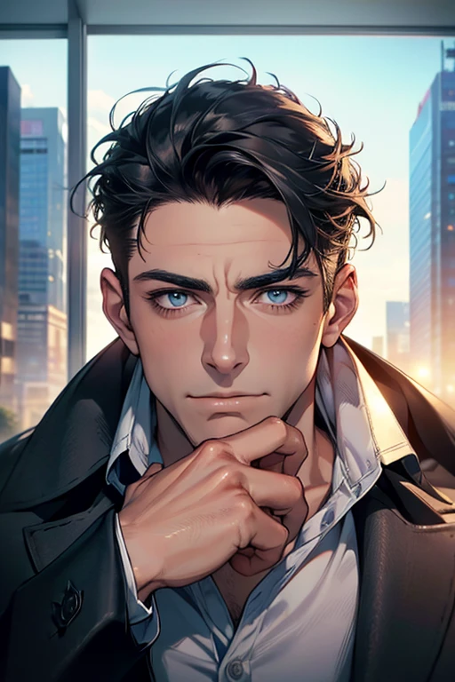 (Best Quality,4k,8k,high resolution,Masterpiece:1.2),ultra detailed,(realist,photorealist,photo-realist:1.37),1 man,31 years,mature man,very handsome,without expresion,muscled body,short gray black hair,Blue eyes,glare,perfect face without mistakes,imposing posture,businessman,office background,cinematic lighting,imagen HDR