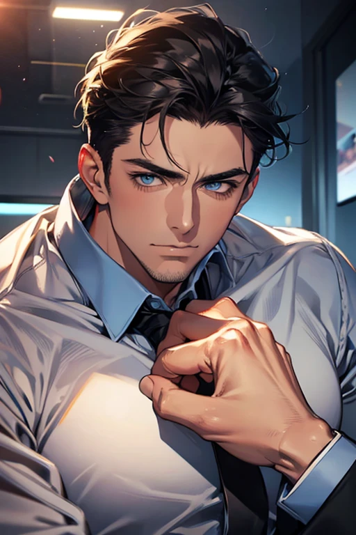 (Best Quality,4k,8k,high resolution,Masterpiece:1.2),ultra detailed,(realist,photorealist,photo-realist:1.37),1 man,31 years,mature man,very handsome,without expresion,muscled body,short gray black hair,Blue eyes,glare,perfect face without mistakes,imposing posture,businessman,office background,cinematic lighting,imagen HDR