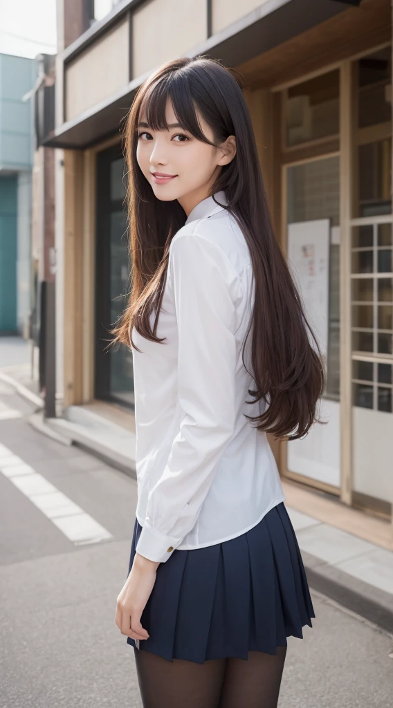 mesa, Best Quality, illustration, ultra detailed, good detail, A high resolution, 8K Wallpaper, Perfect dynamic composition, beautiful detailed eyes, back,by the wide, half breast, natural colored lips, Random and sexy pose.,smile,Acera de Castle Peak Street、20 year old girl, Phenomenally beautiful face、Vistiendo japanese school uniformés, Wear ultra-realistic pantyhose、japanese girl school uniform, japanese , wearing director's uniform, Young and pretty gravure idol, photograph taken in 2 0 2 0, Dressed as , exhausting , exhausting a strict business suit, Young skinny gravure idol, Seifuku、long black stockings., medias pantimedias, full legs, 19 year old girl, 1 8 are, posing in the bedroom, nylon stockings, Leg and thigh shots., posing in bed, wearing stockings