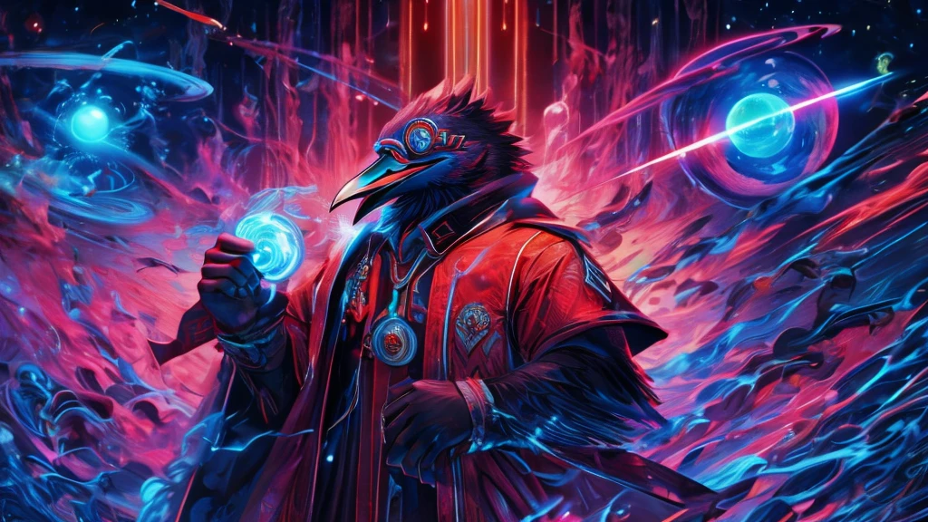 masterpiece,epic,corvid, smiling in a sadistic and disturbing way, priest's suit with red stripes, red vest under the trench coat, round red glasses, background of vapor waves,planets in hands.