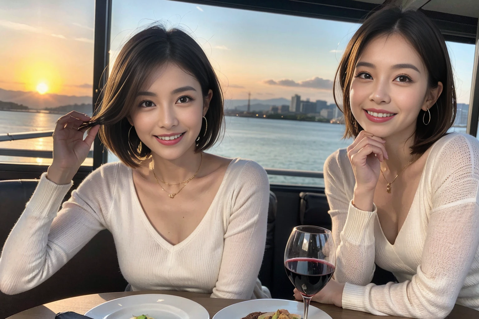 (Realistic:1.1),(masterpiece,Highest quality),8k,(49 years old), 53 years old, ベリーslimボディ、slimカップル、Tight waist,Upper Body,full-course dinner、wine 、Amazing view of the sunset sky and clouds、Perfect Anatomy, Brown Hair, short hair,Random Hairstyles,((Highly detailed face and eyes:1.2)),Perfect golden ratio face,Long sleeve shirt、dress,(smile:1.2)、Shortcuts、cute、(Realistic, Intricate details:1.2), A bright smile、short hair,Bright Face、赤wine 、Appetizers、Italian food、wine bottle、Champagne、スパークリングwine、(slimな顔), (The body is slim), (Brown Hair), (Shortcuts), Upper Body, 白wine, slim, wineグラス,