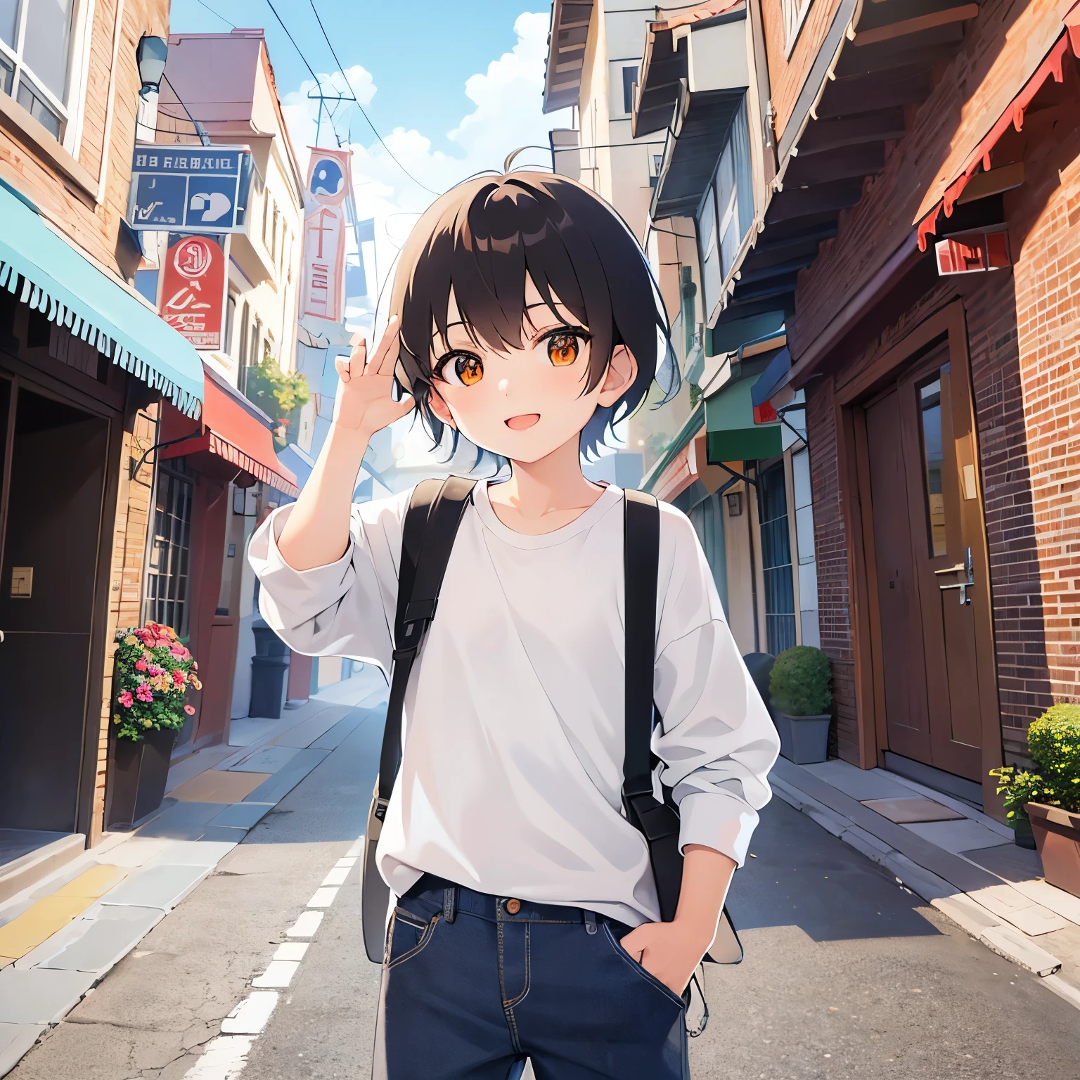 Turning around and waving、
、masterpiece、Highest quality、 (Short hair with brown bangs) and (Orange eyes) and (5 year old boy:1.5)、Boy,
(Black long sleeve shirt)、
smile,kindergarten