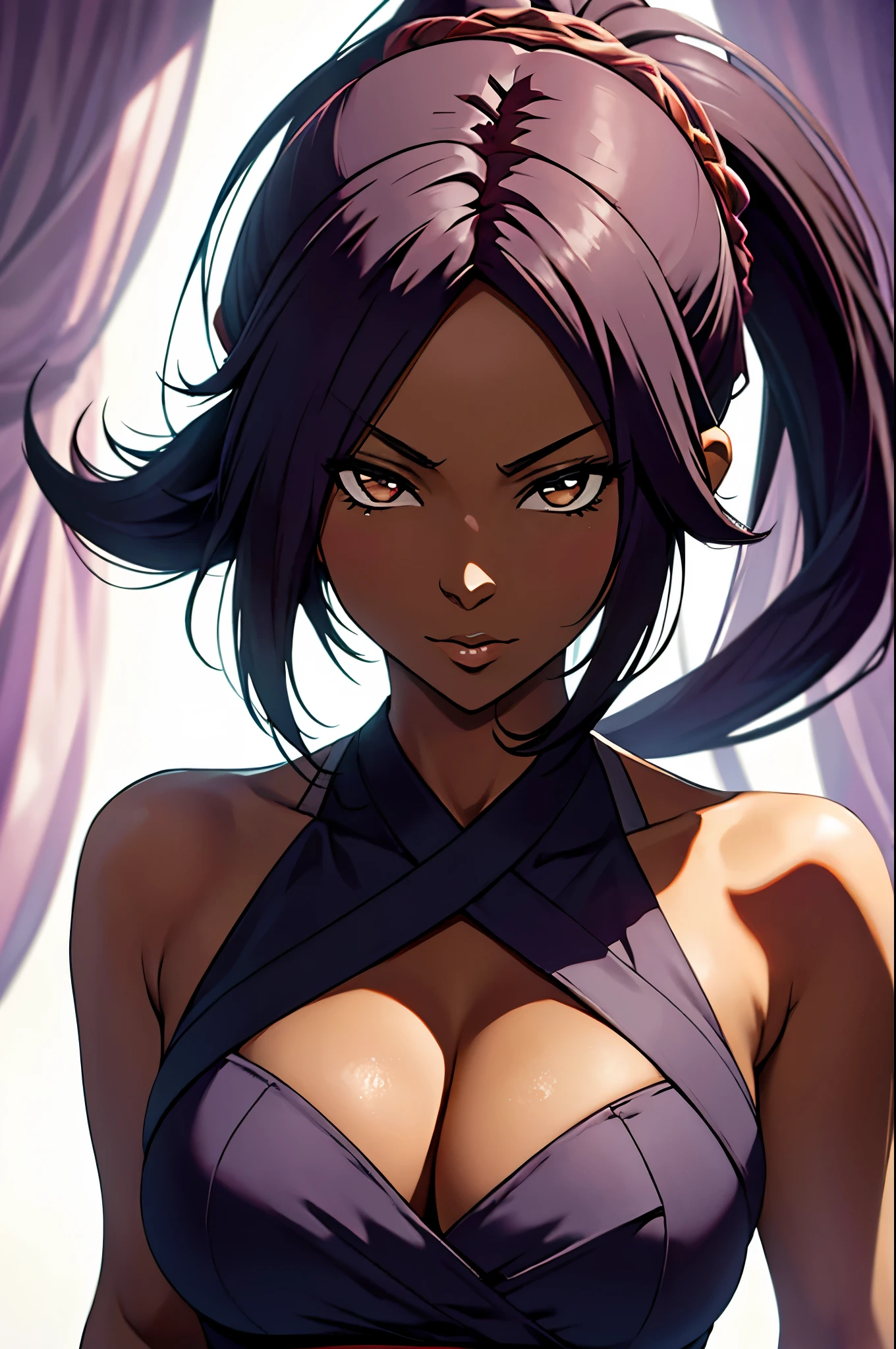 Yoruichi Shihouin, masterpiece), (portrait), medium breasts (aesthetics), A 32-year-old woman , romantic lighting that enhances her feminine features.