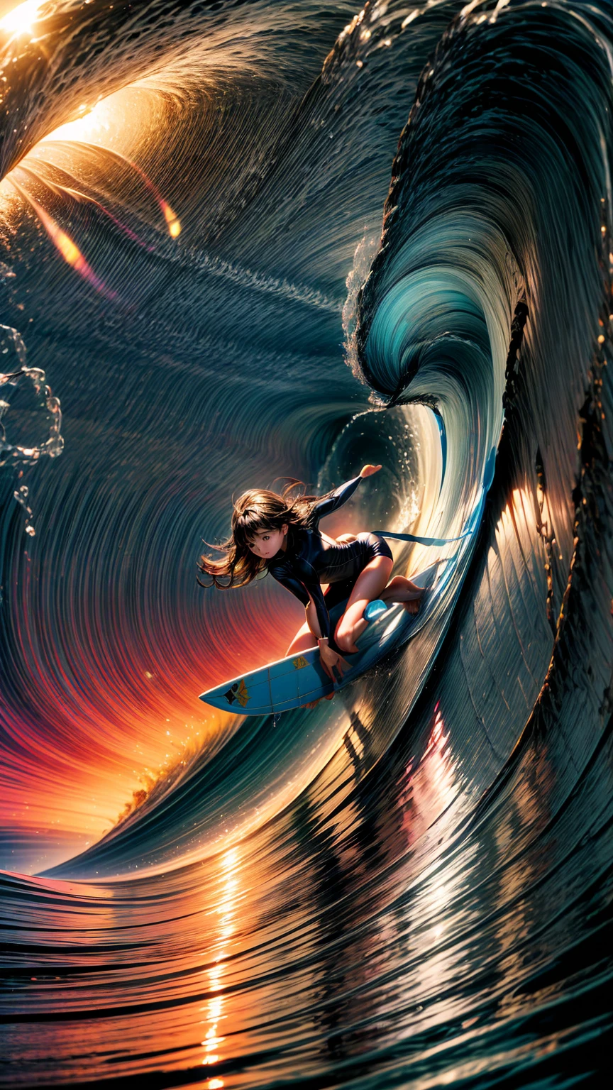 Girl surfing、surfboard、Going through a tunnel of waves