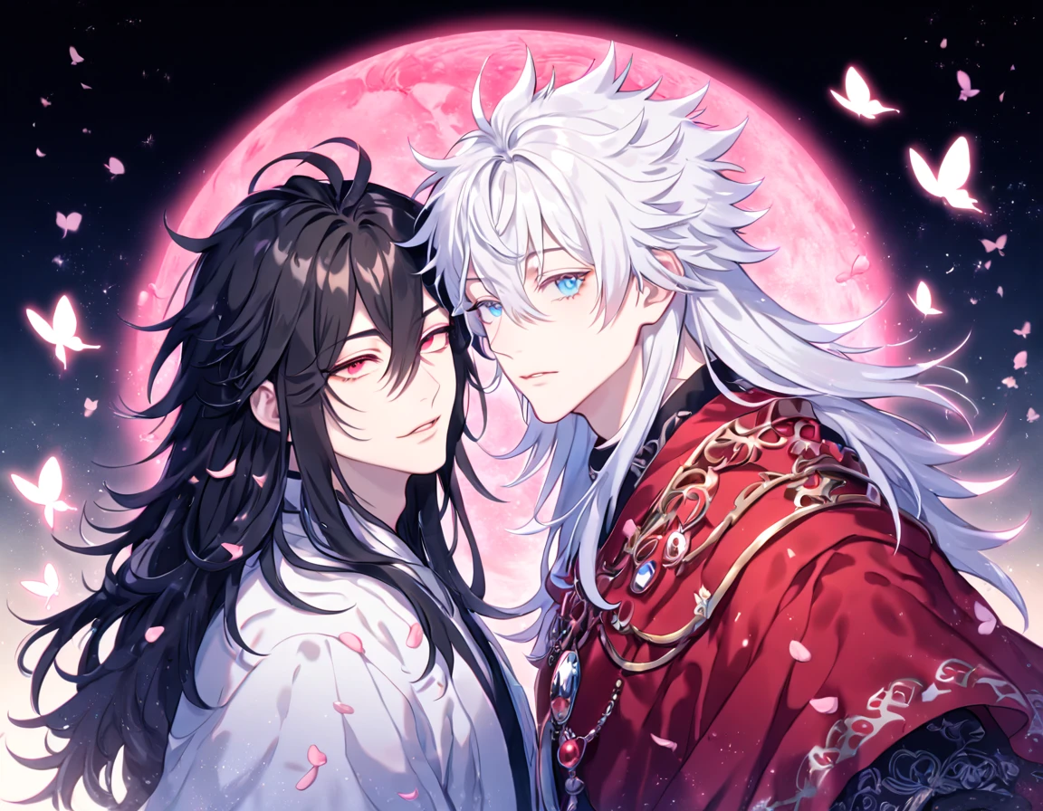 absurdres, highres, ultra detailed, HDR, master piece, best quality, extremely detailed face, delicated features, Xue Yu, untamed spiky hair, black hair, long hair, hair between the eyes, expressive red eyes, Thousand Years War, Gojou Satoru, white hair, messy hair, expressive blue eyes, two sexy men together, gay couple, yaoi, handsome, black cape, red robes, white robes, accessories, patterns, fantasy, magical, radiant, pink butterflies, pink flowers, night sky, shinning pink moon, blossoms, Jujutsu Kaisen