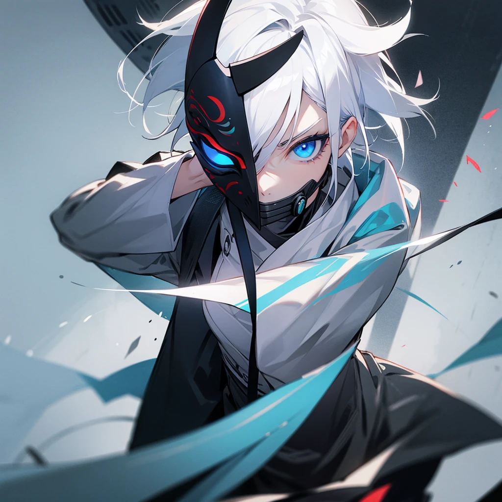 White hair, blue eyes holding katana, wearing a toxic mask