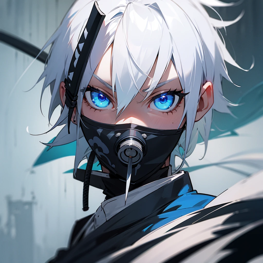 White hair, blue eyes holding katana, wearing a toxic mask