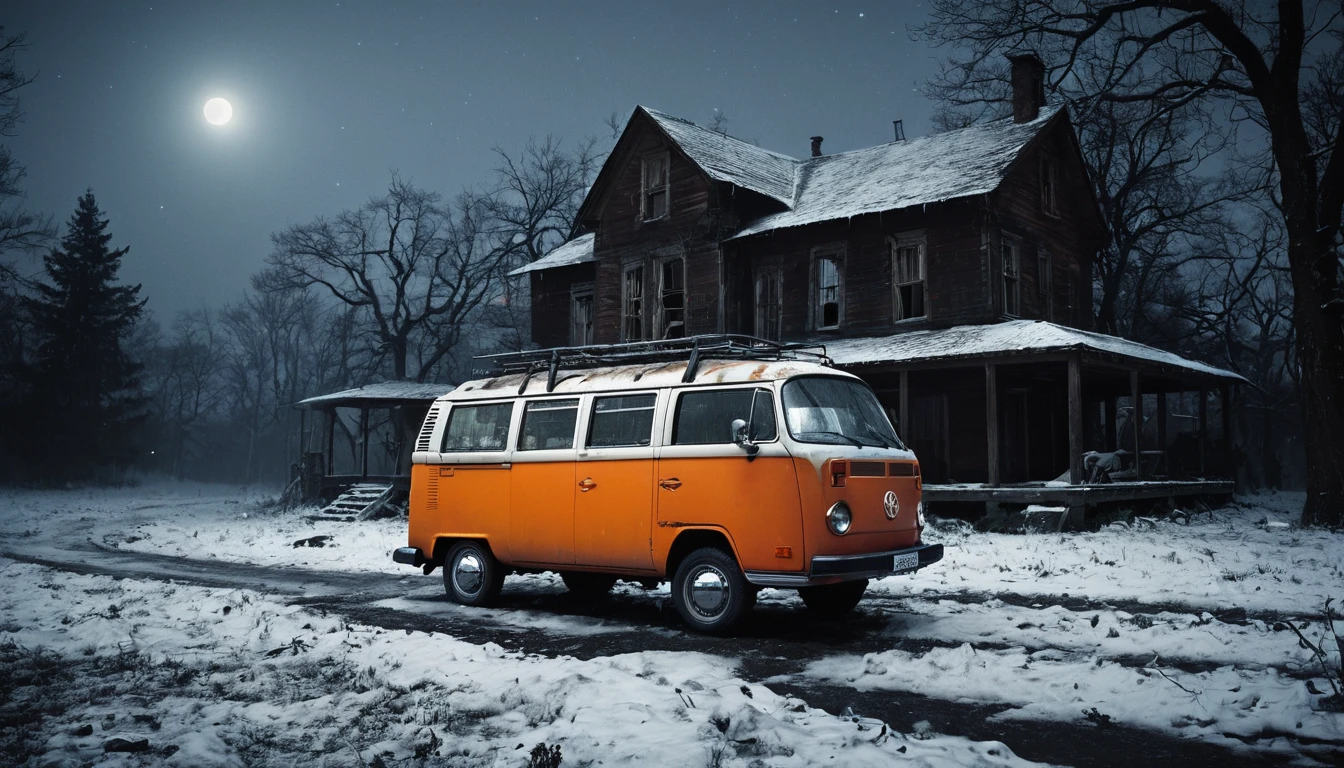 analog gloomy photo of an (orange) volkswagen kombi, ((haunted house:1.0)), (walking dead:1.0), zombie apocalypse, (abandoned town at (midnight)), (full moon), (winter), (snow), ((horror movie)), ((nighttime)), lost in the wood, ruins, dilapidated buildings, High Detail, Sharp focus, (photorealism), realistic, best quality, 8k, award winning, dramatic lighting, epic, cinematic, masterpiece, rim light, ambient fog:1.5, dutch angle,