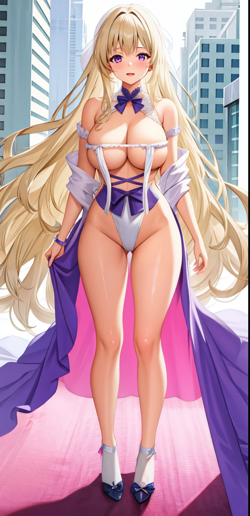 girl,Large Breasts,long hair,Topless,Bow,Blonde Hair, Purple Eyes, Cleavage,Large Breasts,whole body,NUDE