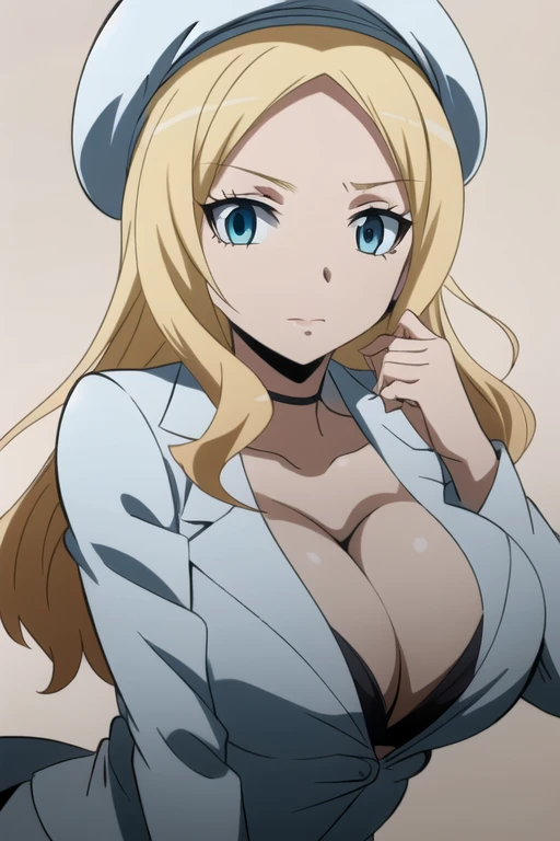 best quality, ultra high res, 1girl, Irina Jelavic, blonde hair, blue eyes, big breasts, cleavage, (simple dark background), white suit, white beret