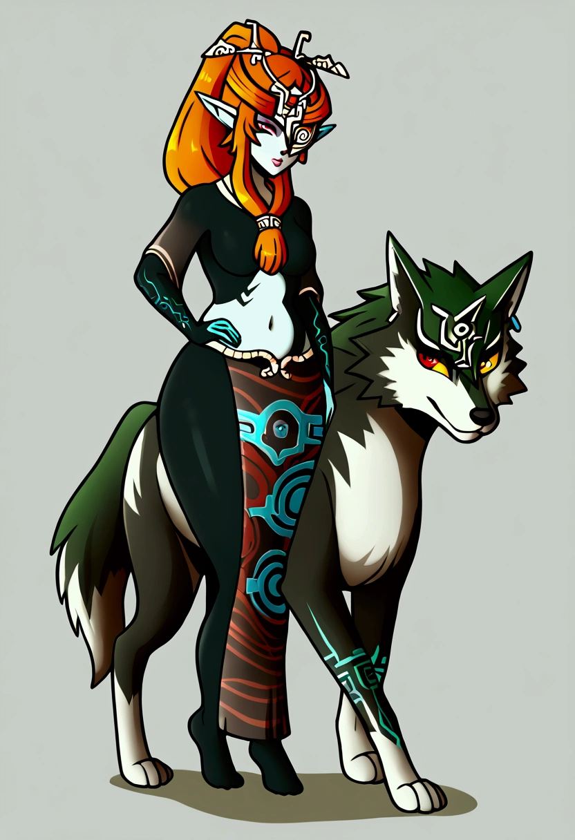 midnaSDXL,1girl,solo,long hair,red eyes,pointy ears,orange hair,ponytail,colored skin,helmet,wide hips,yellow sclera,colored sclera,one eye covered,multicolored skin,two-tone skin,midna,riding on a,wolf link