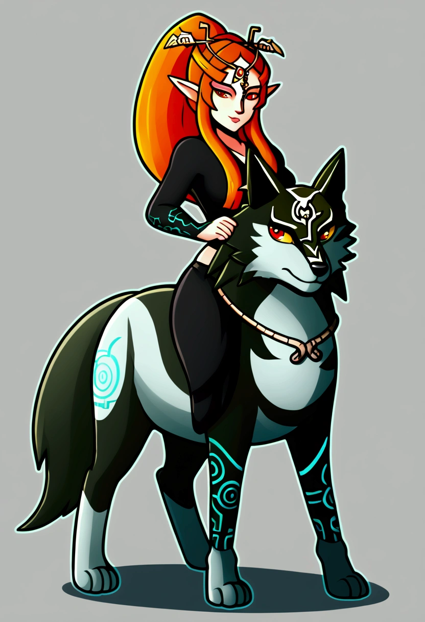 midnaSDXL,1girl,solo,long hair,red eyes,pointy ears,orange hair,ponytail,colored skin,helmet,wide hips,yellow sclera,colored sclera,one eye covered,multicolored skin,two-tone skin,midna,riding on a,wolf link