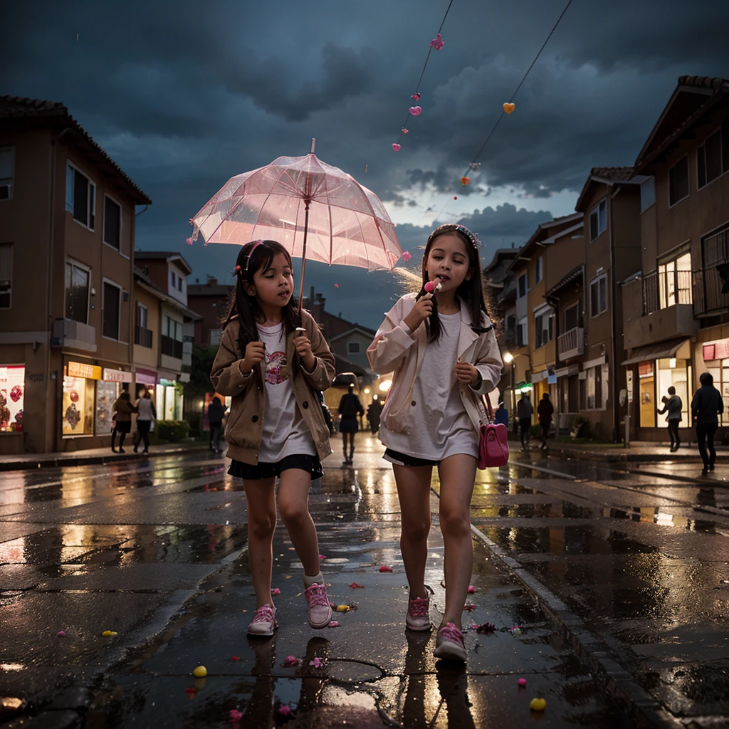 candy rain, many sweets falling from the sky in a neighborhood full of children playing many children grabbing the sweets many children
