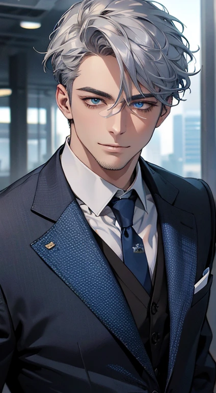 (best quality,4k,8k,highres,masterpiece:1.2),ultra-detailed,(realistic,photorealistic,photo-realistic:1.37),1 man,31 years old,mature man,very handsome,without expression,smile,short grey blue hair,blue eyes,penetrating gaze,perfect face without errors,imposing posture,businessman,office background,cinematic lighting,hdr image