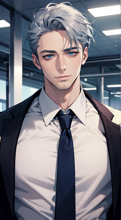 (best quality,4k,8k,highres,masterpiece:1.2),ultra-detailed,(realistic,photorealistic,photo-realistic:1.37),1 man,31 years old,mature man,very handsome,without expression,smile,short grey blue hair,blue eyes,penetrating gaze,perfect face without errors,imposing posture,businessman,office background,cinematic lighting,hdr image