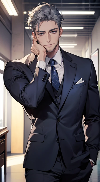 (best quality,4k,8k,highres,masterpiece:1.2),ultra-detailed,(realistic,photorealistic,photo-realistic:1.37),1 man,31 years old,mature man,very handsome,without expression,smile,short grey blue hair,blue eyes,penetrating gaze,perfect face without errors,imposing posture,businessman,office background,cinematic lighting,hdr image