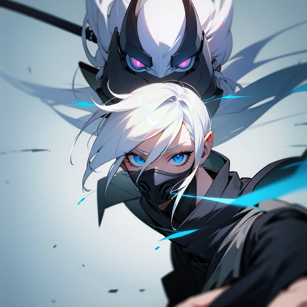 White hair, blue eyes holding katana, wearing a toxic mask