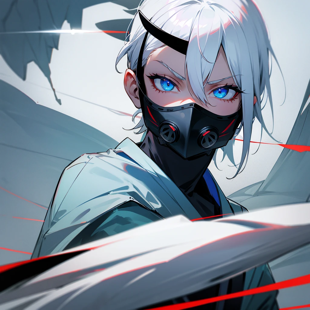 White hair, blue eyes holding katana, wearing a toxic mask