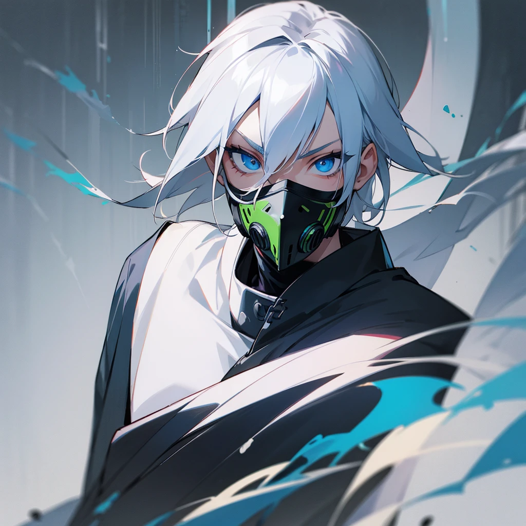 White hair, blue eyes holding katana, wearing a toxic mask