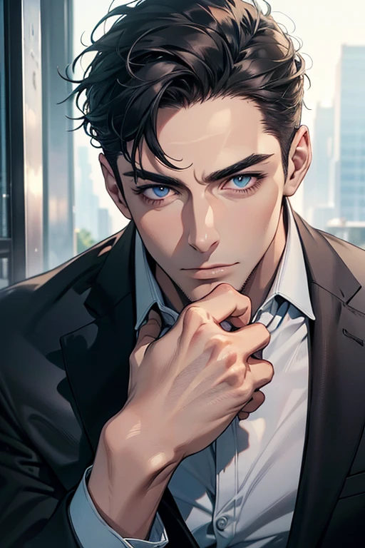 (Best Quality,4k,8k,high resolution,Masterpiece:1.2),ultra detailed,(realist,photorealist,photo-realist:1.37),1 man,31 years,mature man,very handsome,without expresion,muscled body,short gray black hair,Blue eyes,glare,perfect face without mistakes,imposing posture,businessman,office background,cinematic lighting,imagen HDR