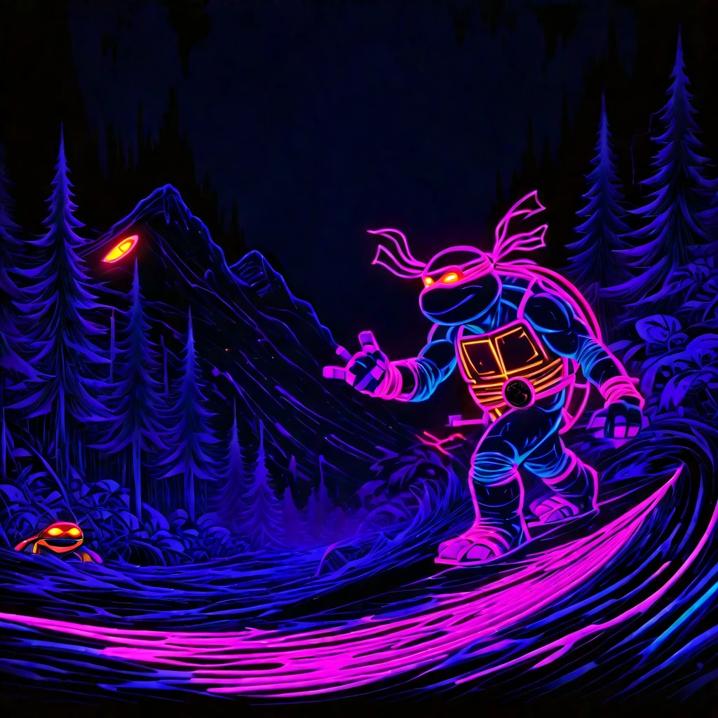 unnatural forest, unsettling, spooky, darkness, no light source, abyss, void, overwhelming, survival, apocalyptic, serene, forest, tmnt surfing, dim neon glow, abstract, apparition, haunted, spirits,
