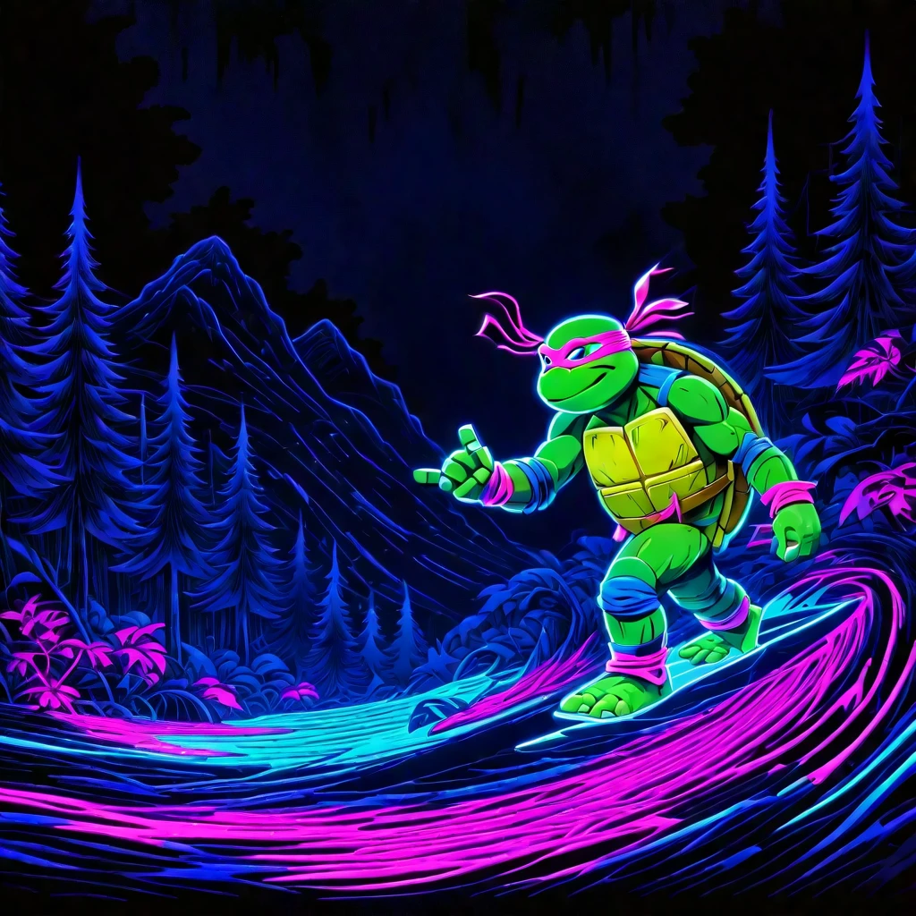 unnatural forest, unsettling, spooky, darkness, no light source, abyss, void, overwhelming, survival, apocalyptic, serene, forest, tmnt surfing, dim neon glow, abstract, apparition, haunted, spirits,
