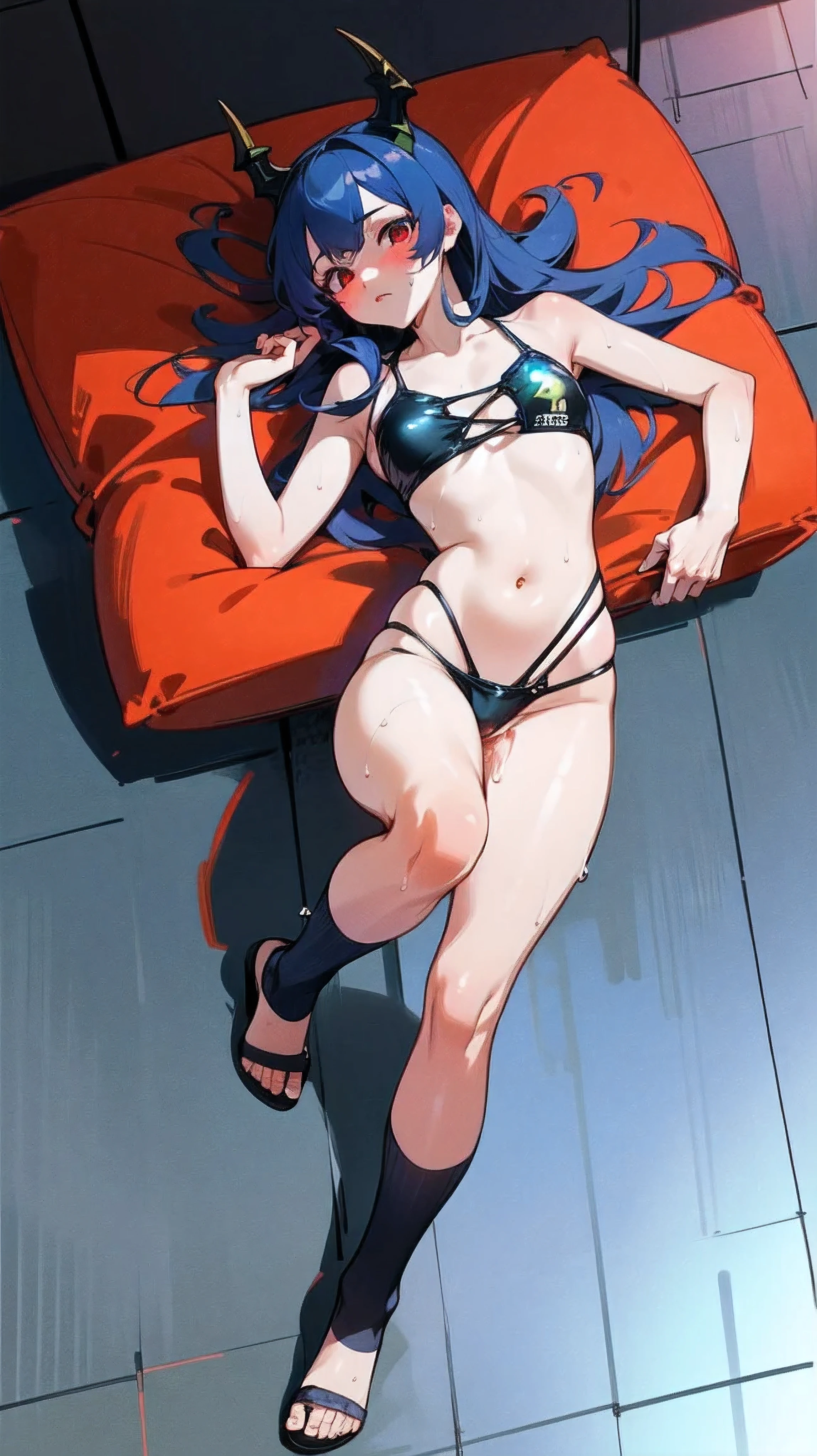 ((Highest quality)), ((masterpiece)), ((detailed)),((Browsing Caution)) floor of rubber cushion　{{nsfw}} Sujiman　Tight　Transparent underwear　(Black dragon&#39;s veiny penis)Dragon with girl　Crossing legs

(Transparent　Swimwear) 　(Transparent knee-high socks) Transparent towel blue hair,Red Eye,Long Hair　Black sandals
 (Hot and glowing skin) Wet