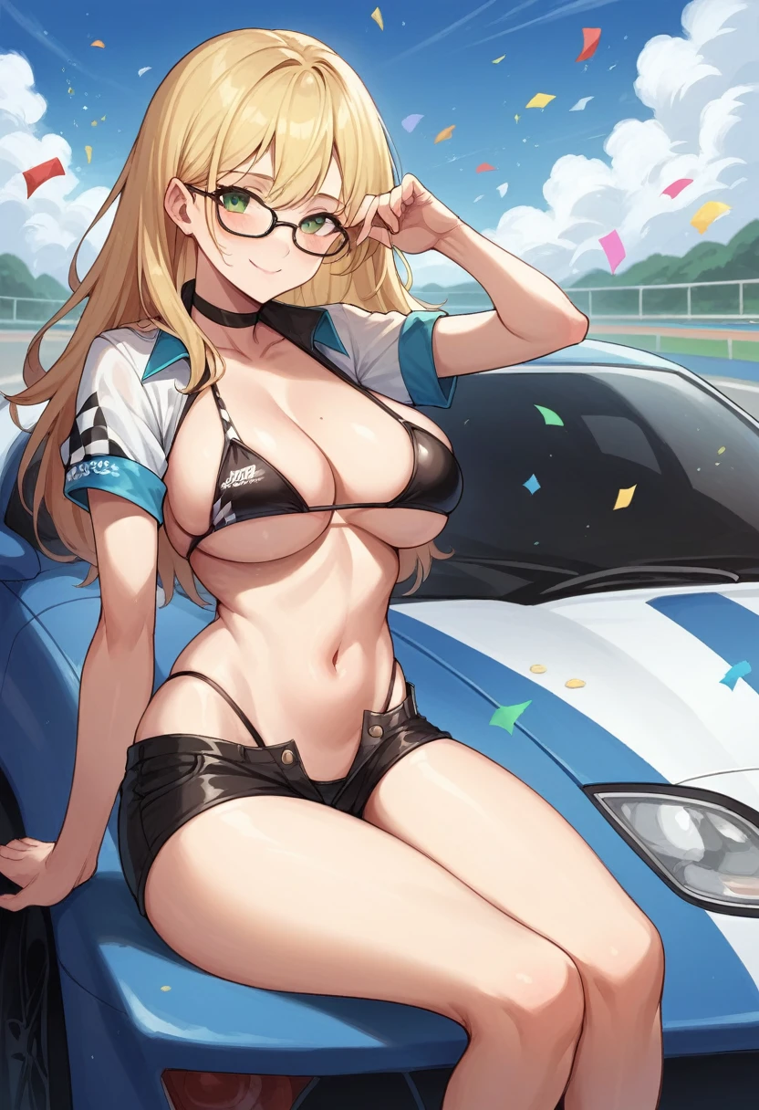 1girl, solo, long hair, breasts, looking at viewer, blush, smile, blonde hair, large breasts, navel, cleavage, sitting, closed mouth, green eyes, swimsuit, short sleeves, bikini, thighs, outdoors, open clothes, sky, glasses, shorts, choker, day, cloud, stomach, blue sky, short shorts, underboob, black bikini, highleg, black choker, black shorts, hair intakes, ground vehicle, motor vehicle, car, open fly, confetti, highleg bikini, micro shorts, race queen