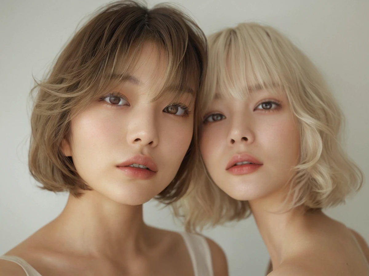 A 25-year-old Japanese woman who looks like a mature model from Inred The background is a white wall illuminated by natural light. The hairstyle is a wavy bob style. Hair color: natural brown with highlights The pose is facing forward with hands on cheeks and head tilted.